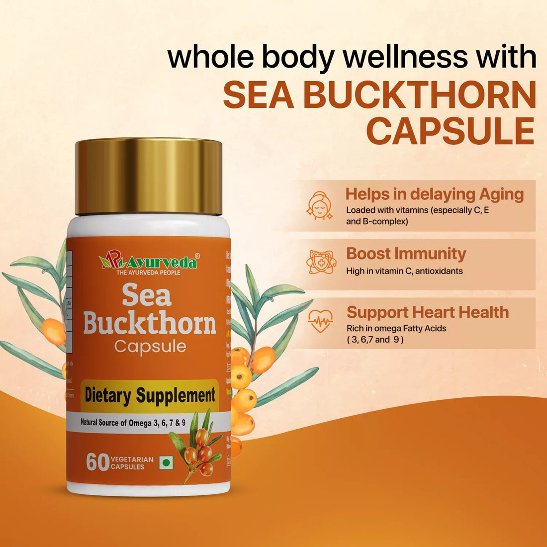 AR Ayurveda Sea Buckthorn Fruit Extract Capsules 800 mg-Natural Source of Omega 3, 6, 7, & 9
